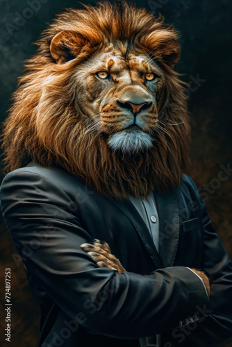 Image of man in suit with lion s head wearing tie.