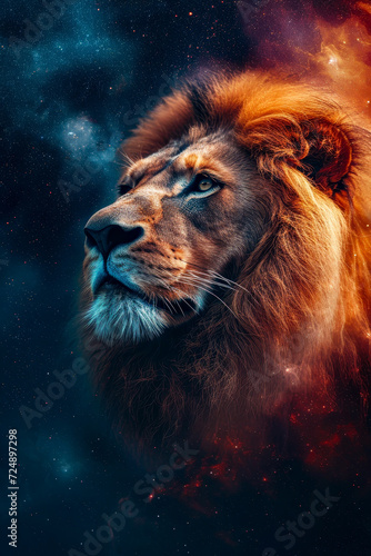 Close up of lion's face with blue and red background that resembles space. © valentyn640