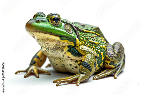Green and yellow frog with its mouth open.