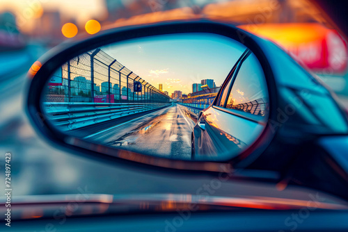 Car's side view mirror reflects city street and cars in motion.