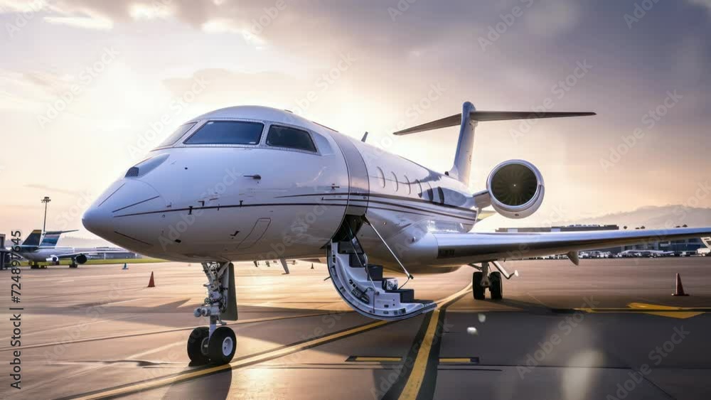 Animation private jet parked on the airport runway. seamless 4k video background. generated with ai Animation private jet parked on the airport runway. seamless 4k video background. generated with ai