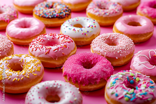 Group of donuts with different frosting and sprinkle combinations.