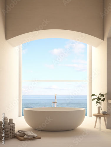 Minimalist bathroom hotel room scandinavian minimalist simple luxury design with ocean view  freestanding tub and soft natural light. 