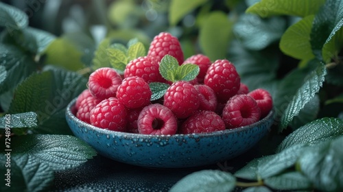  a blue bowl filled with raspberries sitting on top of a lush green leaf covered forest covered in lots of leafy green leaves next to a blue bowl filled with raspberries.