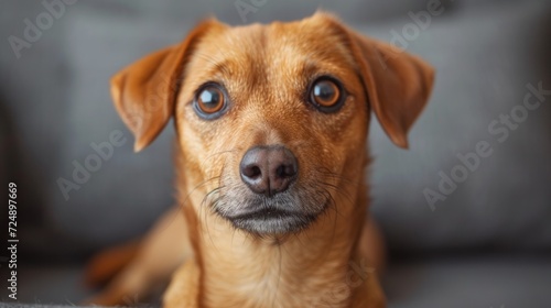  a close up of a dog on a couch looking at the camera with a sad look on his face and a serious look on the face of the dog's eyes.