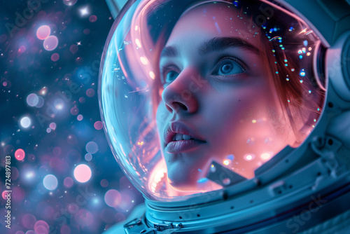 Astronaut gazing into cosmos through helmet visor Generative AI image photo