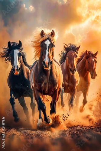 Group of four horses running together through dusty field with bright background. © valentyn640