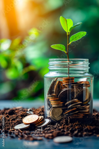 Glass jar filled with coins and plant are placed in dirt capturing the essence of growth and money. photo