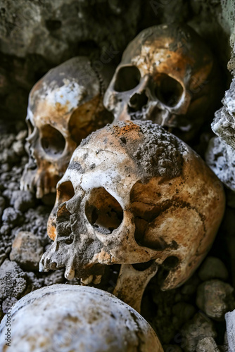 Bunch of rotten skulls piled on top of each other. © valentyn640
