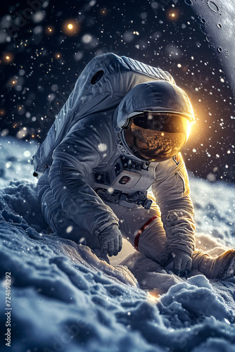 Astronaut is sitting in the snow with glow behind him looking up at the sky.