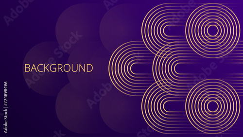 Dark purple gradient abstract background with gold rounded lines and shadows.  Modern geometric pattern. Shiny poster or web banner template. Blended lines