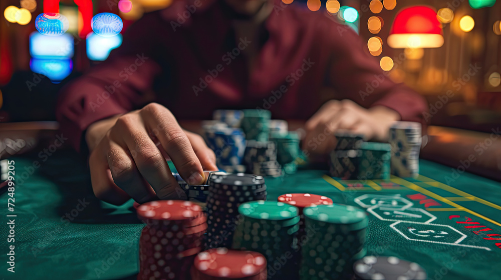 Man playing in the casino, portrait of man sitting at poker table with casino chips Man playing in the casino, portrait of man sitting at poker table with casino chips