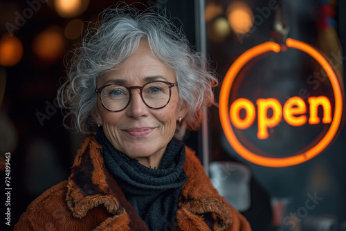 Mature business owner smiles near open sign Generative AI image photo