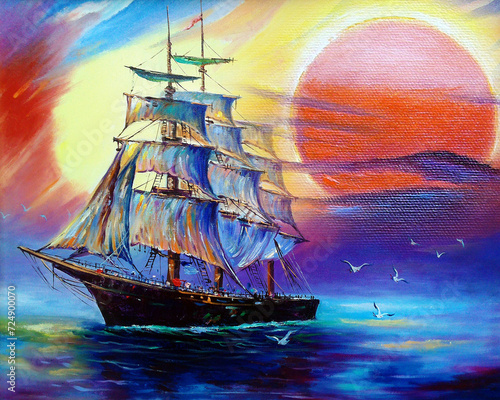 art oil painting sailboat and barque in sea from thailand 