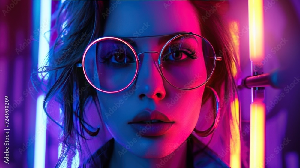 Stylish close up of woman's face with red and blue lights AI generated image Stylish close up of woman's face with red and blue lights AI generated image
