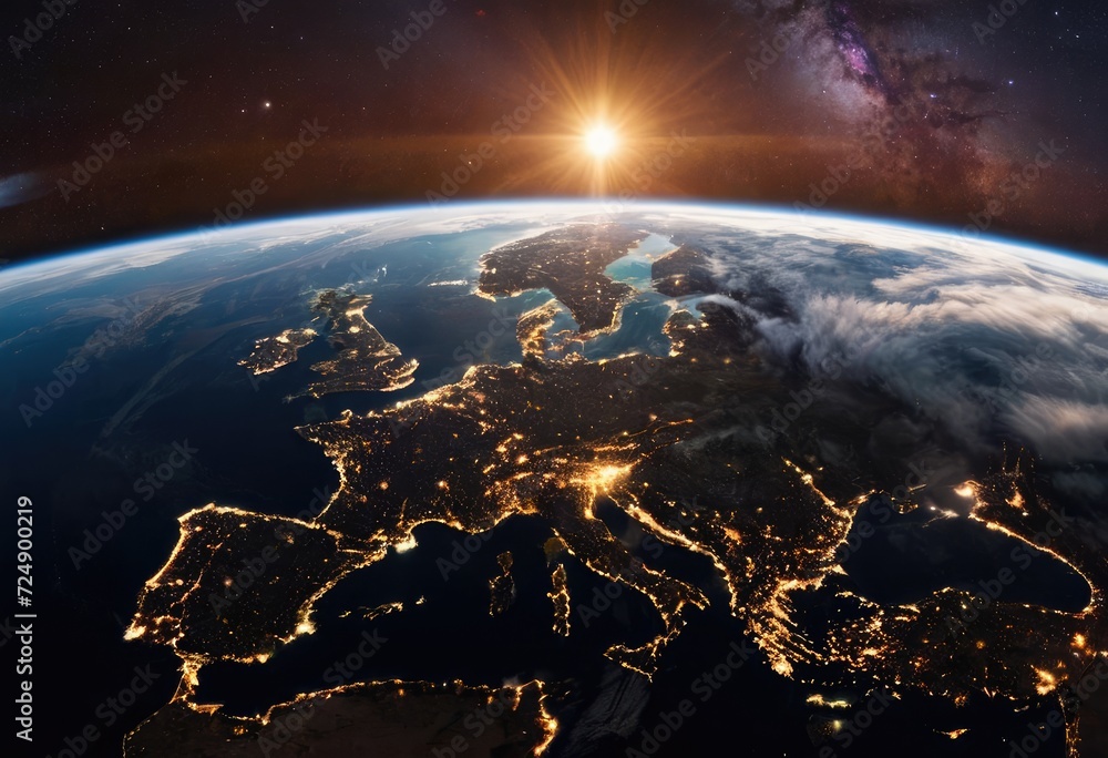 Fototapeta premium panoramic view of planet Earth from space, with city lights glowing and light clouds scattered across the sky