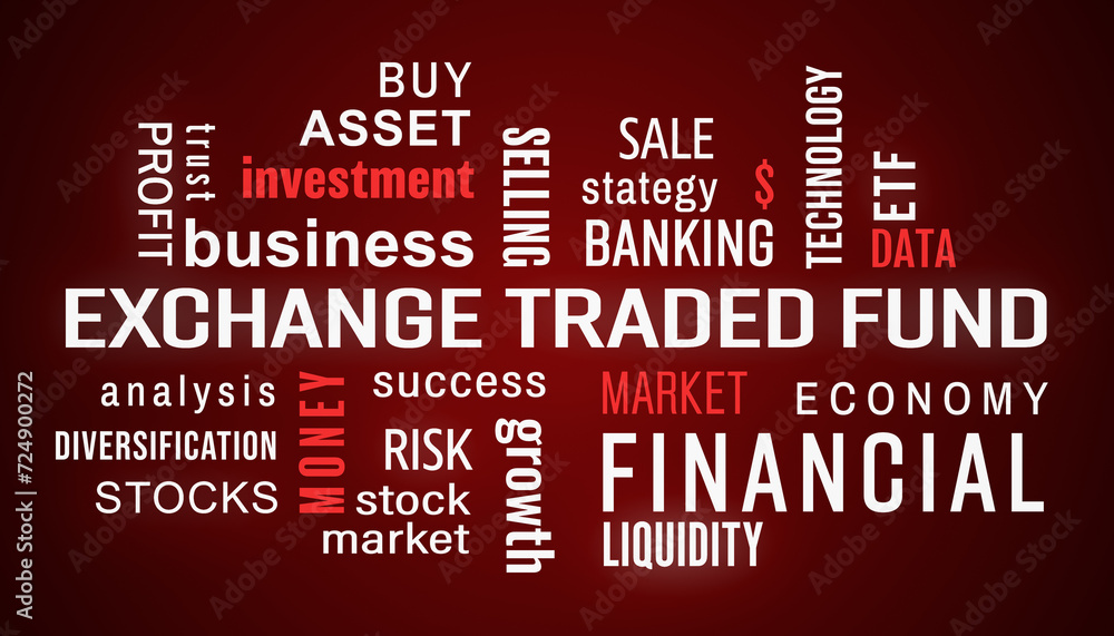 Illustation of exchange traded fund (ETF) keywords cloud with white and red text on dark background. Illustation of exchange traded fund (ETF) keywords cloud with white and red text on dark background.
