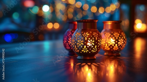 Three Lit Candles on Table, Diwali