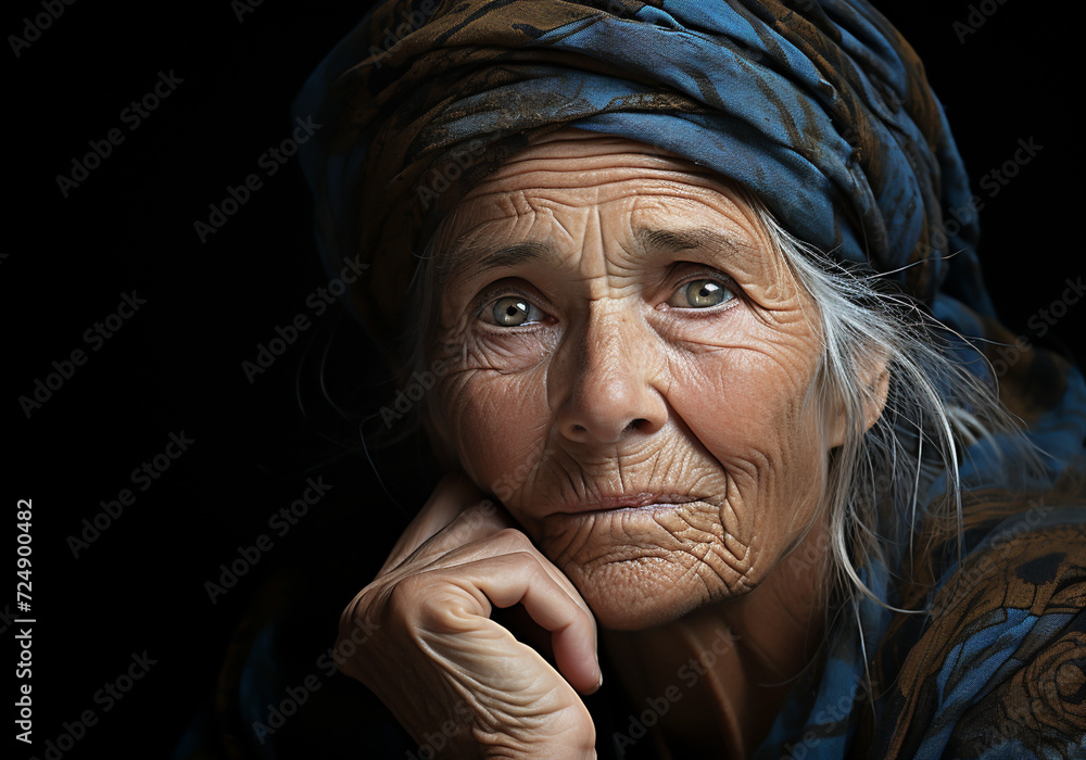 Portrait of elderly woman isolated on dark background, thinking and looking. - obrazy, fototapety, plakaty 