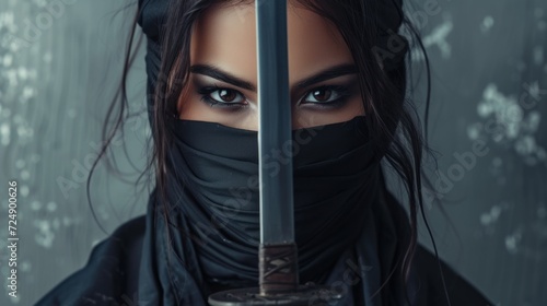 Female ninja character with black face mask AI generated image photo