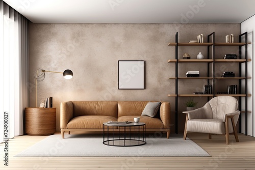 Brown romance mockup room with one sofa, bookcases, and other furnishings
