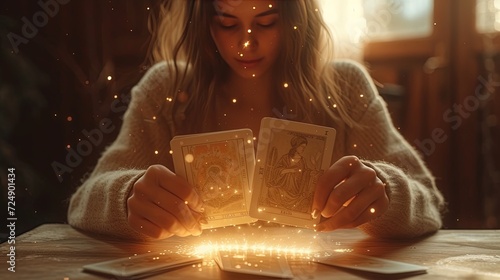 A young woman holds tarot cards in hands Fortune telling. Cards predict the future and glow with a magical golden glow. Esoteric and mystical theme in modern world photo