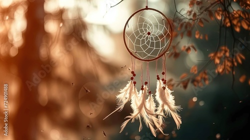 Amulet dream catcher protection from bad dreams and evil spirits. Helps you find peace, attract joy and inspiration. On blur background. Native american culture photo