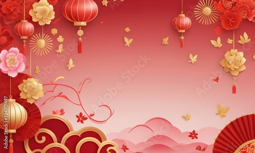 Chinese New Year banner. Festive florals and lanterns background. AI illustration  extra wide banner