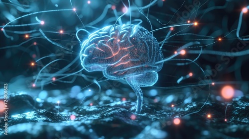 Human brain with glowing neurons and nervous system
