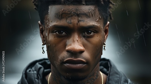 A stern male portrait of an African American from the disadvantaged areas of the American ghetto, dangerous, associated with crime