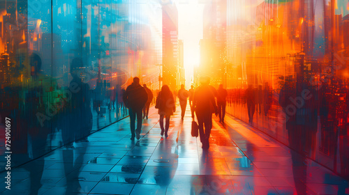 Multiple exposure of people walking in the city street in the morning, with a sunrise and people heading to work illustration.