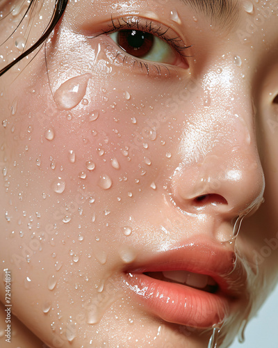 Youthful Radiance: Close-up of a Beautiful Girl with Healthy, Wet Skin