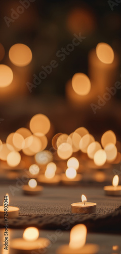 Close-up surrounded by the warm glow of many candles  invoking peace and mindfulness.