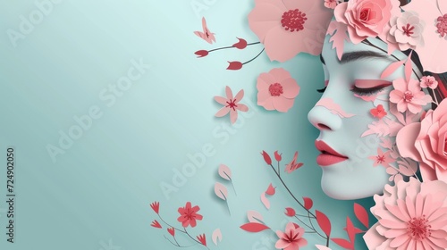 Illustration of woman's face with paper flowers with empty space, women's day concept AI generated image