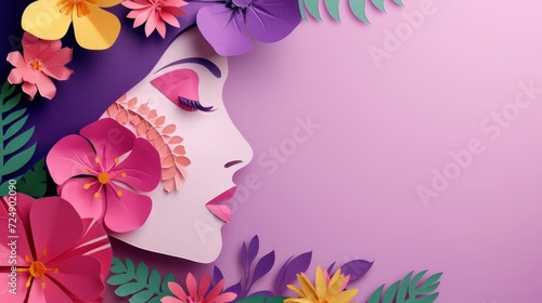 Illustration of woman's face with paper flowers with empty space, women's day concept AI generated image © mryanfahrudin1
