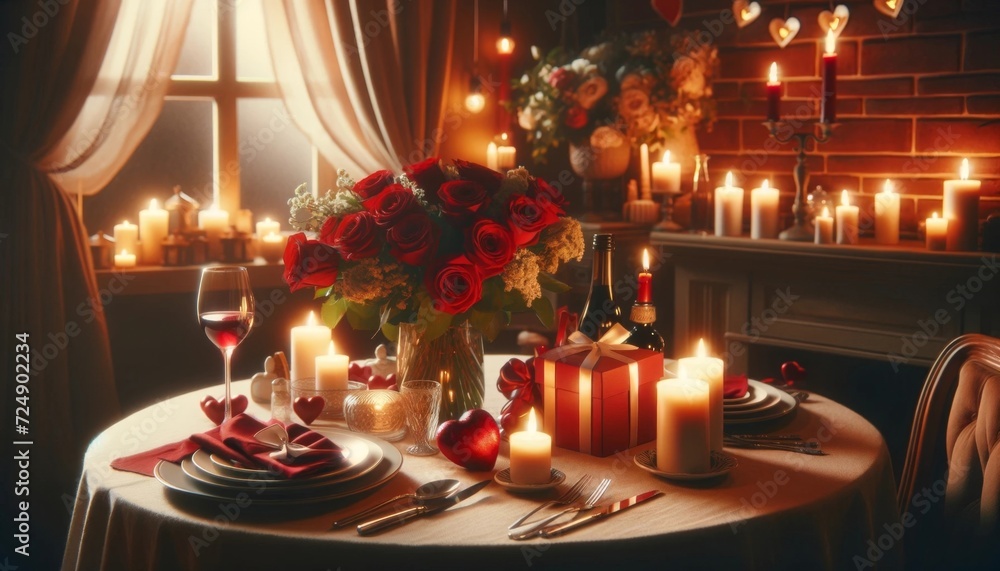 Romantic Candlelit Dinner Setting with Roses