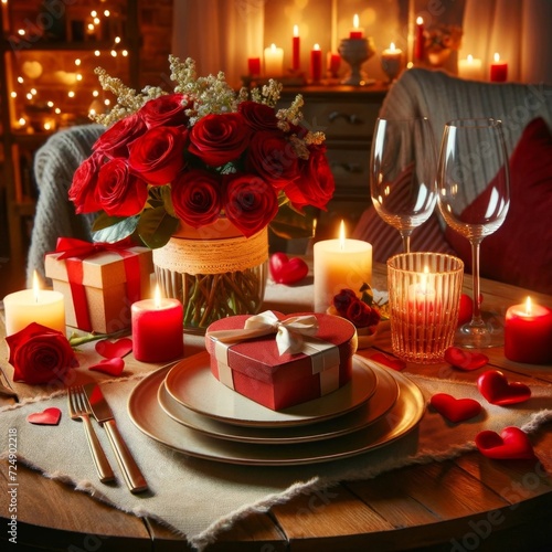Romantic Candlelit Dinner Setting with Roses © HATALIA