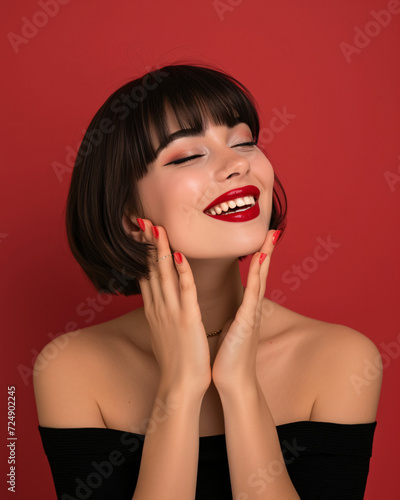 Happy Brunette Woman Touching Face - Beauty and Wellness Concept