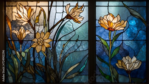 blue color floral stained glass window