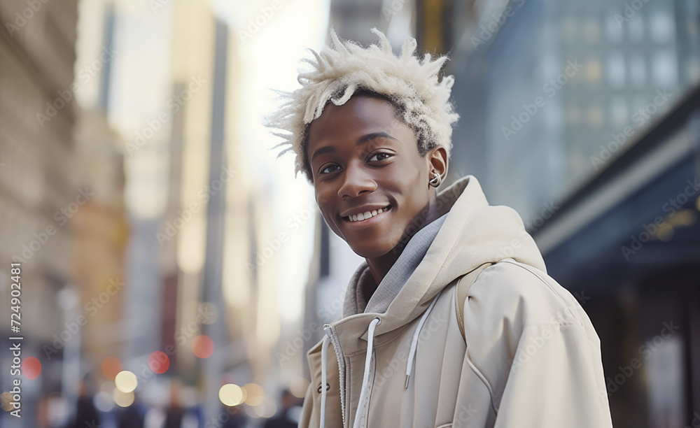 Portrait of soft Smiling African Black teen student with fancy Bleached hair in light warm hoodie on big city downtown street with scyscrappers. University, education, young teen people concept image Portrait of soft Smiling African Black teen student with fancy Bleached hair in light warm hoodie on big city downtown street with scyscrappers. University, education, young teen people concept image