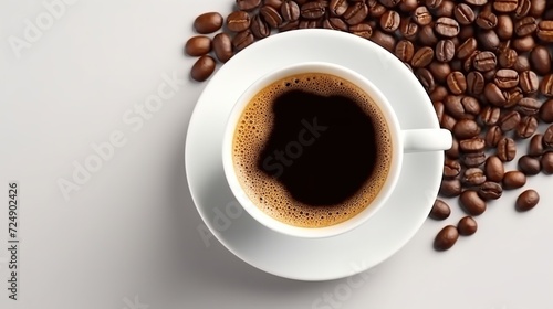 cup of strong hot coffee in glass on wooden table with coffee beans. coffee beans and a cup full of strong black coffee in a glass cup