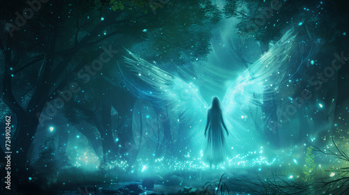 A celestial fantasy angel spirit energy filled lights up in a mystery forest, realms punk photo