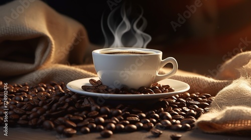 cup of strong hot coffee in glass on wooden table with coffee beans. coffee beans and a cup full of strong black coffee in a glass cup