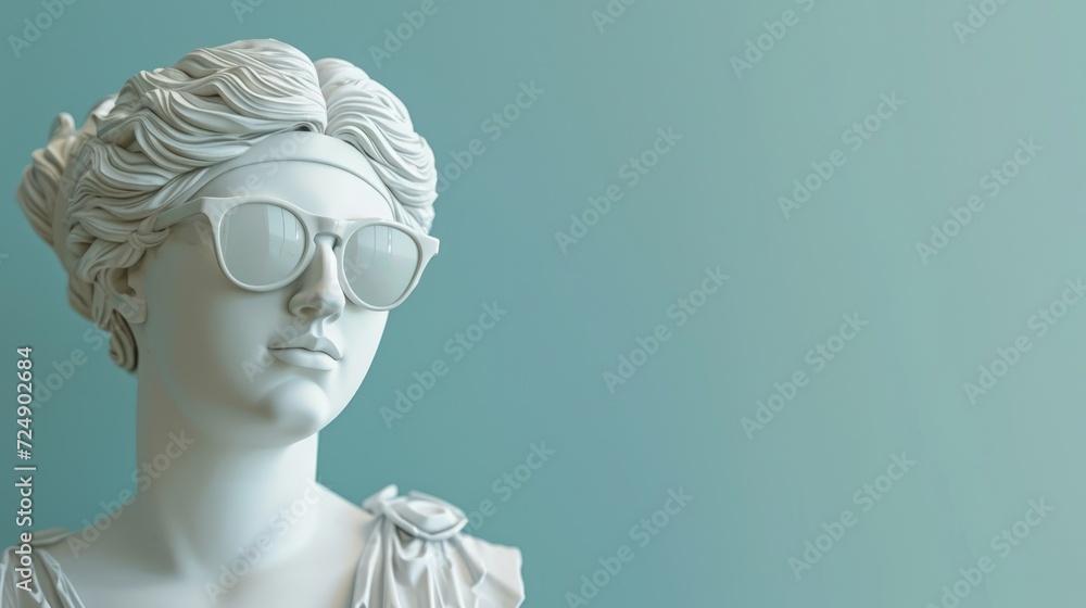 Cool ancient Greek or Roman white statue of woman wearing sunglasses on pastel background with a free place for text. Contemporary art and fashion Cool ancient Greek or Roman white statue of woman wearing sunglasses on pastel background with a free place for text. Contemporary art and fashion