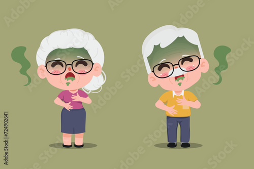 Elderly woman and elderly man vomit symptoms or stomach flu. Cartoon chibi cute character people vector.