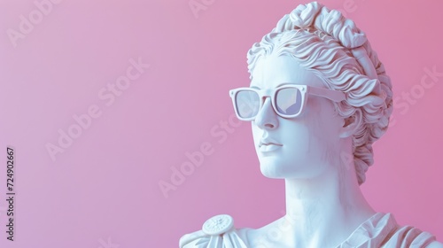 Cool ancient Greek or Roman white statue of woman wearing sunglasses on pastel background with a free place for text. Contemporary art and fashion