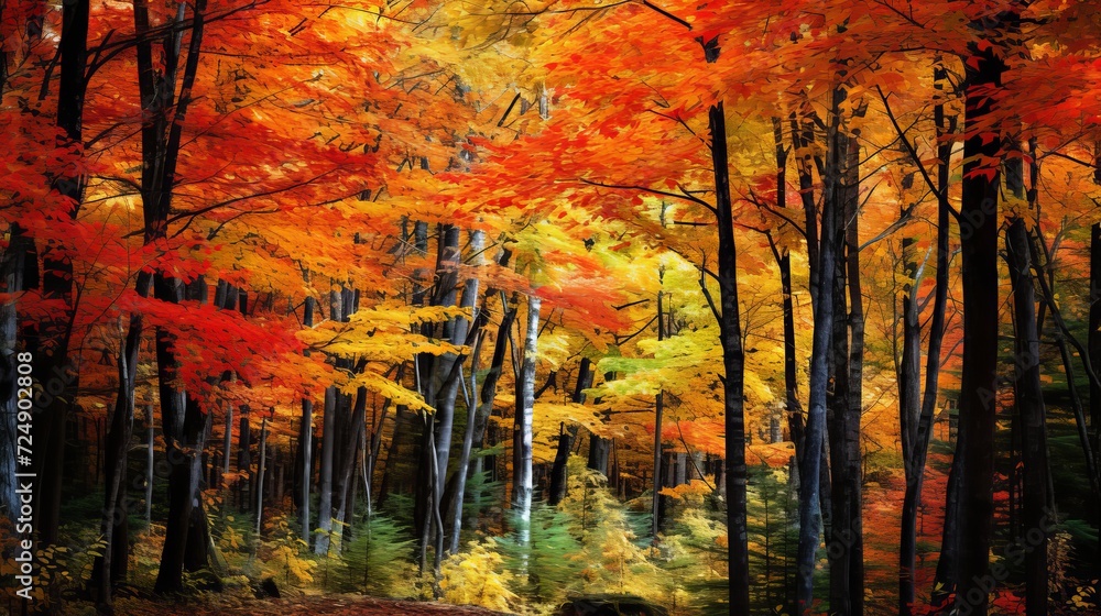 Bright multiple fall colors. orange, green, red and bright yellow. scenic multi-colored woods