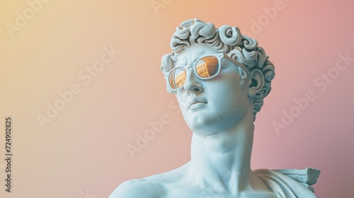 Cool ancient Greek or Roman white statue of man wearing sunglasses on pastel background with a free place for text. Contemporary art and fashion