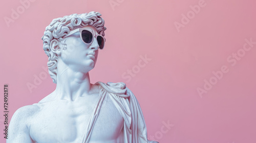 Cool ancient Greek or Roman white statue of man wearing sunglasses on pastel background with a free place for text. Contemporary art and fashion photo