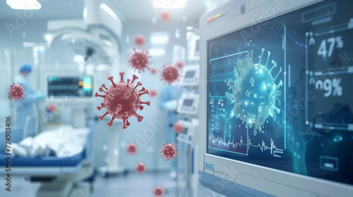 Advanced monitoring system in an ICU displays vital statistics and virus model, enhancing patient care during the COVID-19 pandemic